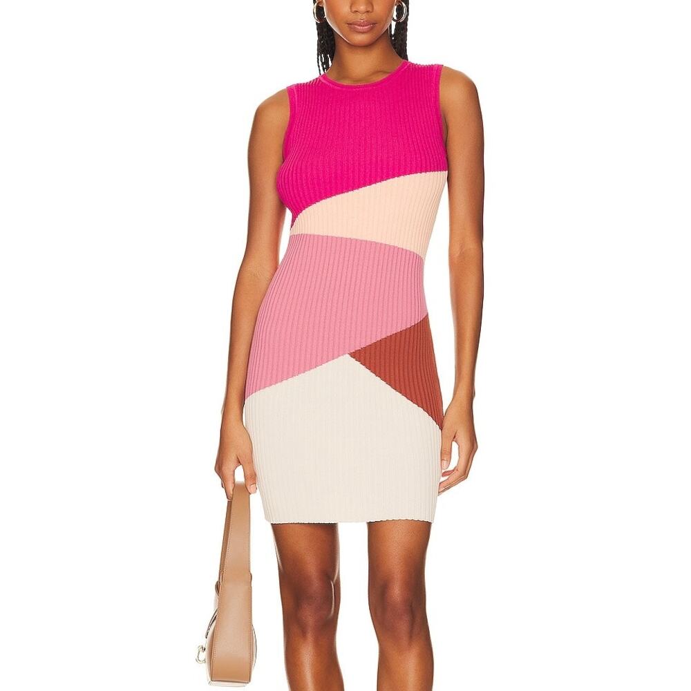 MINKPINK Vita Knit Mini Dress Pink Colorblock Ribbed Bodycon Sleeveless Large